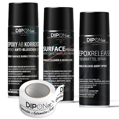 DIPON Epoxy Essentials Anti Bläschen, Trennmittel und Entfetter Reiniger Spray (3 x 400ml) + Formentrennband 66m x 5,5 cm Set - Grundausstattung für Werkstätten Resin Art und River Table Arbeiten. von DIPON.DE HIGH PERFORMANCE LIQUIDS & PIGMENTS