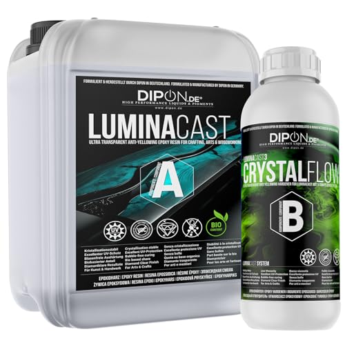 DIPON LuminaCast 3 Crystal Flow 2K Epoxidharz – Ultra Glasklar & selbstentlüftend | Für Resin Art, GFK, MDF, Schmuck & Geode-Kunst | UV-stabil, vergilbungsarm (22,5 kg (15,0 kg A+ 7,5 kg B)) von DIPON.DE HIGH PERFORMANCE LIQUIDS & PIGMENTS