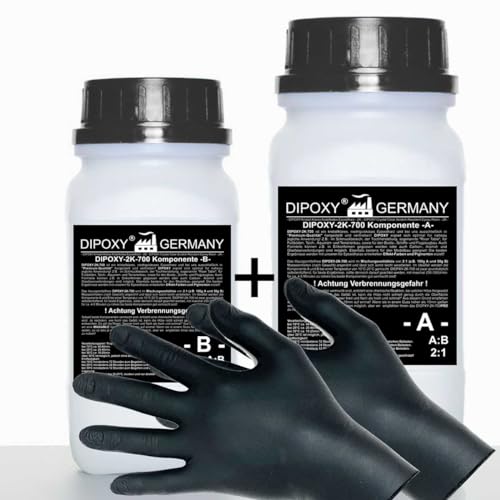 750g Epoxidharz 2K Harz + Härter + Handschuhe EP Laminierharz in Profi Qualität Glasklar und geruchsarm Gießharz Epoxy UV Stab. für Holz Tisch Boden Aquarium Terra Formenbau GFK DIPOXY-2K-700 von DIPOXY