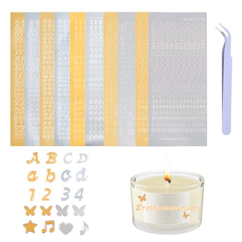 Wachsbuchstaben für Kerzen mit Pinzette - 10 Blätter Gold/Silber Sticker Selbstklebend für Taufkerze, DIY Basteln, Grußkarten (Gold & Silber) von DIPZO