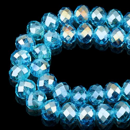 DIQIO Facettierte Kristallperlen zur Schmuckherstellung, 10 mm, schillernde Rondelle-Perlen für Armbänder (60–65 Stück, Blau AB) von DIQIO