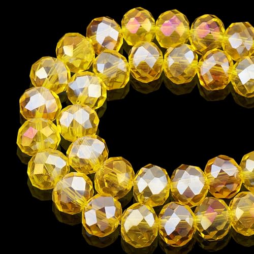 DIQIO Facettierte Kristallperlen zur Schmuckherstellung, 10 mm, schillernde Rondelle-Perlen für Armbänder (60–65 Stück, goldgelb AB) von DIQIO