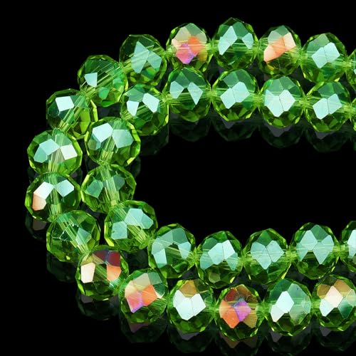DIQIO Facettierte Kristallperlen zur Schmuckherstellung, 10 mm, schillernde Rondelle-Perlen für Armbänder (60–65 Stück, grasgrün AB) von DIQIO