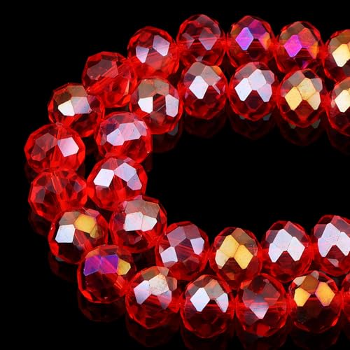 DIQIO Facettierte Kristallperlen zur Schmuckherstellung, 10 mm, schillernde Rondelle-Perlen für Armbänder (60–65 Stück, rotes AB) von DIQIO