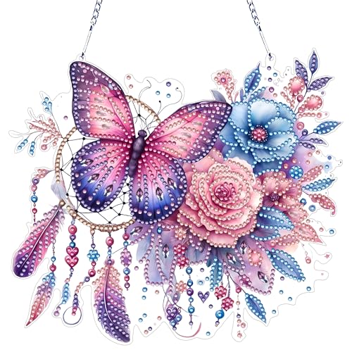 DISDADA DIY Diamond Painting Fensterbilder Beidseitig Wreath Deko Hanging Diamond Painting Türkranz mit Kette, Schmetterling von DISDADA