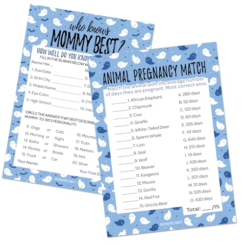 DISTINCTIVS Blue Little Boo is Almost Due Halloween Boy Baby Shower Spiele, Who Knows Mommy Best and Animal Pregnancy Match – 20 doppelseitige Karten DISTINCTIVS Blue Little Boo is Almost Due Halloween Boy Baby Shower Spiele, Who Knows Mommy Best and Animal Pregnancy Match – 20 doppelseitige Karten von DISTINCTIVS