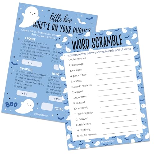 DISTINCTIVS Blue Little Boo is Almost Due Halloween Boy Babyparty-Spiele, What's On Your Phone und Word Scramble – 20 doppelseitige Karten DISTINCTIVS Blue Little Boo is Almost Due Halloween Boy Babyparty-Spiele, What's On Your Phone und Word Scramble – 20 doppelseitige Karten von DISTINCTIVS