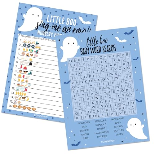 DISTINCTIVS Blue Little Boo is Almost Due Halloween Boy Babyparty-Spiele, Wortsuche und Emoji-Kinderreimspiel – 20 doppelseitige Karten DISTINCTIVS Blue Little Boo is Almost Due Halloween Boy Babyparty-Spiele, Wortsuche und Emoji-Kinderreimspiel – 20 doppelseitige Karten von DISTINCTIVS