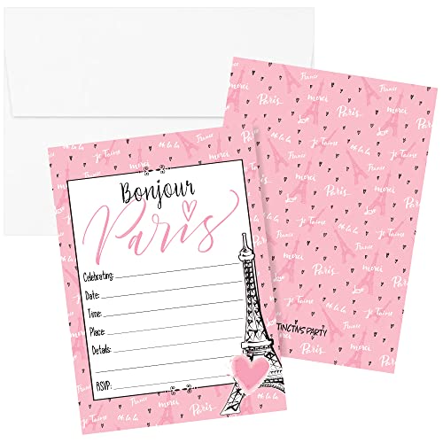 DISTINCTIVS Pink Paris Geburtstagsparty-Einladungen – Französische Pariser Party – 10 Karten mit Umschlägen von DISTINCTIVS
