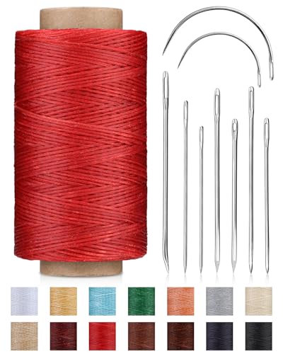 DIUDUS 218 Yards Polsterfaden, strapazierfähig, gewachstes Lederfaden, Nähset mit strapazierfähigen Nadeln, Faden für Handnähen, Lederhandwerk, Reparatur, Lederschuhe, Taschen, Sofa (rot) von DIUDUS