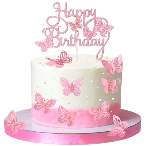 Happy Birthday Tortendeko 13 Stück 3D Schmetterlings Cake Topper Geburtstag Mädchen Süße Happy Birthday Cake Topper Cupcake Topper für Geburtstagsfeier Hochzeits Kuchen Deko Hellrosa von DIVINA VITAE