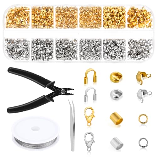 1200stk Quetschperlen Set, Crimp Perlen Set, Quetschröhrchen für Schmuckherstellung, Tube Crimp Perlen Quetschperlen Karabinerverschlüsse mit 6 Zubehörteilen für Schmuckherstellung (Silber, Gold) von DIVINA VITAE