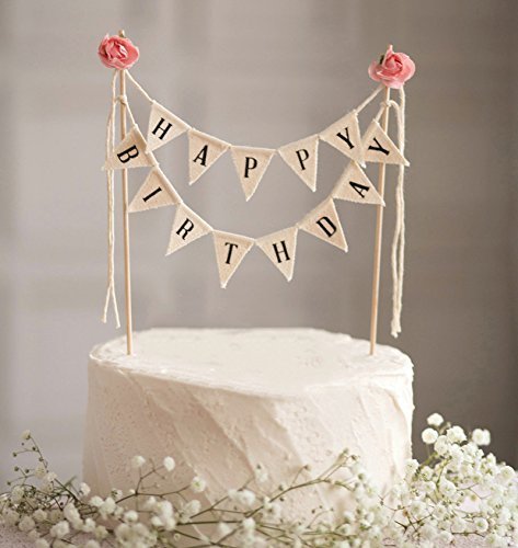 DIVISTAR „Happy Birthday“-Kuchen-Wimpelkette mit Holzstab und Rosen, handgefertigte Kuchendekoration, Elfenbeinfarben/Rosa von DIVISTAR