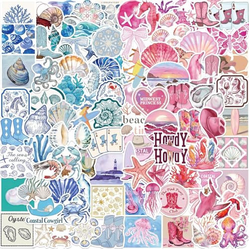 100 Stück Ästhetische Ozean Aufkleber, Blau & Rosa Coastal Stickers, Wasserdichte Vinyl Graffiti Aufkleber für Skateboard Auto Laptop Gitarre, Jugendliche und Erwachsene von DIWSO