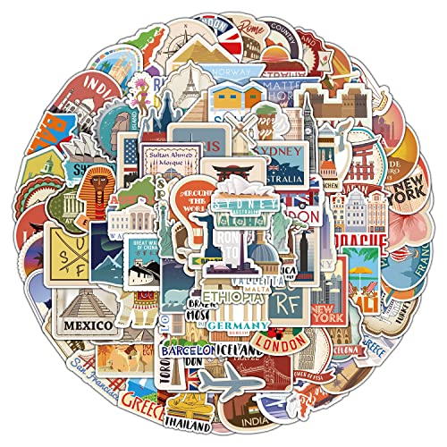 100Pcs World Travel Stickers, Vintage Global Berühmte Land Stadt Wahrzeichen Aufkleber, Wasserdichtes Vinyl Reise Karte Aufkleber für Journaling Laptop Skateboard Fahrrad, Jugendliche und Erwachsene von DIWSO
