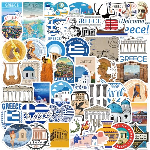 Griechenland Aufkleber, 50 Stück Greece Travel Stickers, Vinyl Stadt Reise Landschaftliche Aufkleber, Land Thema, ikonische Urlaubsaufkleber für Tagebücher, Sammelalben, Computer, Skateboard von DIWSO