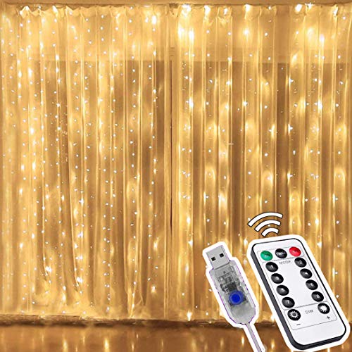 3M x 3M LED Vorhang Lichter, 300 LEDs Fenster Lichterkette Wasserdicht mit Haken, 8 Modi Deko Vorhang Licht USB mit Fernbedienung & Timer für Weihnachten Party Schlafzimmer Innen außen Deko, Warmweiß von DIWUJI