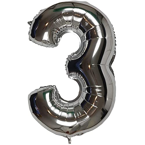 DIWULI Luftballon 3 Geburtstag XL Silber - Folienballon 3, Zahl 3 Ballon 3 Jahre edel, Geburtstagsdeko 3. Geburtstag Party-Deko Junge Mädchen, Zahlen-Ballon Dekoration, Zahlen-Luftballon Groß von DIWULI