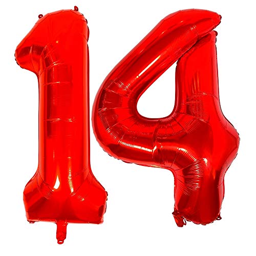 DIWULI Luftballon 14 Geburtstag XXL Rot - Folienballon 14, Zahl 14 Ballon 14 Jahre, Geburtstagsdeko 14. Geburtstag Helium Party-Deko Junge Mädchen, Zahlen-Ballon Dekoration, Zahlen-Luftballon Groß von DIWULI