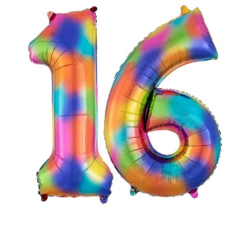 DIWULI Luftballon 16 Geburtstag XXL Bunt Regenbogen - Folienballon 16, Zahl 16 Ballon 16 Jahre, Geburtstagsdeko 16. Geburtstag Party-Deko Junge Mädchen, Zahlen-Ballon Dekoration, Zahlen-Luftballon von DIWULI