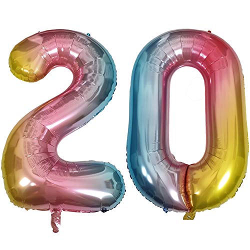 DIWULI Luftballon 20 Geburtstag XXL Rosa Regenbogen - Folienballon 20, Zahl 20 Ballon 20 Jahre, Geburtstagsdeko 20. Geburtstag Party-Deko Junge Mädchen, Zahlen-Ballon Dekoration, Zahlen-Luftballon von DIWULI
