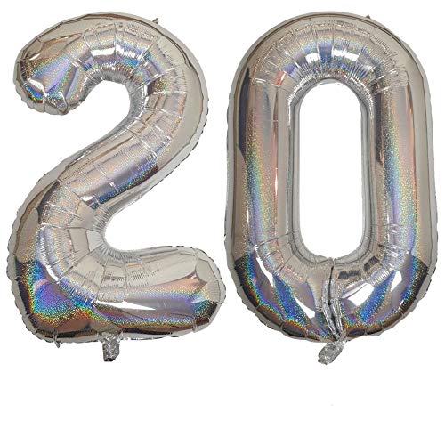 DIWULI Luftballon 20 Geburtstag XXL Silber Glitzer - Folienballon 20, Zahl 20 Ballon 20 Jahre, Geburtstagsdeko 20. Geburtstag Party-Deko Junge Mädchen, Zahlen-Ballon Dekoration, Zahlen-Luftballon von DIWULI
