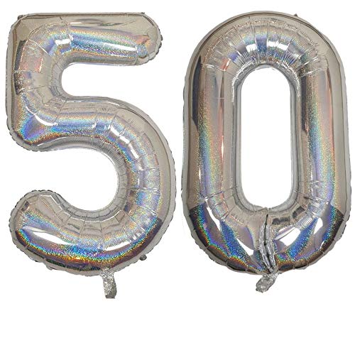 DIWULI Luftballon 50 Geburtstag XXL Silber Glitzer - Folienballon 50, Zahl 50 Ballon 50 Jahre, Geburtstagsdeko 50. Geburtstag Party-Deko Junge Mädchen, Zahlen-Ballon Dekoration, Zahlen-Luftballon von DIWULI