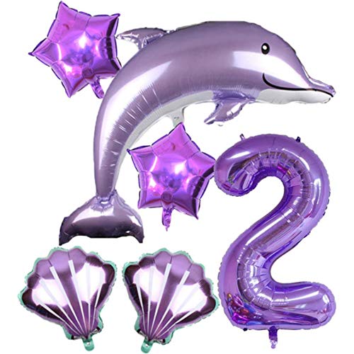 DIWULI, großes Delfin Luftballon Set, XXL Zahl 2 Zahlen-Ballon lila, Muschel Folien-Ballons, 2. Geburtstag, Kindergeburtstag Mädchen, Motto-Party, Dekoration, Meer, Meerestier, Folien-Luftballon von DIWULI