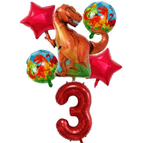 DIWULI großes Dinosaurier Luftballon Set, XXL Dino-Ballon Tyrannosaurus Rex, XL Zahl 3 Zahlen-Ballon Rot, Stern-Ballon, Folien-Ballons 3. Kinder-Geburtstag Junge, Motto-Party, Dekoration Jahre, T-Rex von DIWULI