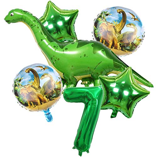 DIWULI, großes Dinosaurier Luftballon Set, 1x gigantischer Dino-Ballon + XL Zahl 7 Zahlen-Ballon grün + 2X Stern-Ballon + 2X Folien-Ballon 7. Kinder-Geburtstag Junge, Motto-Party, Dekoration, Deko von DIWULI