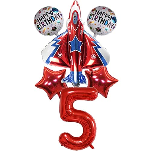 DIWULI Flugzeug Deko Geburtstag 5 Jahre - Jet Flugzeug aufblasbar, Zahlen-Ballon Zahl 5 Luftballon rot, aufblasbares Flugzeug, Deko Flugzeug Luftballon, Flugzeug Geburtstag Deko Junge Happy Birthday von DIWULI