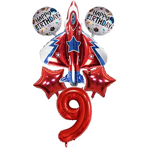 DIWULI Flugzeug Deko Geburtstag 9 Jahre - Jet Flugzeug aufblasbar, Zahlen-Ballon Zahl 9 Luftballon rot, aufblasbares Flugzeug, Deko Flugzeug Luftballon, Flugzeug Geburtstag Deko Junge Happy Birthday von DIWULI