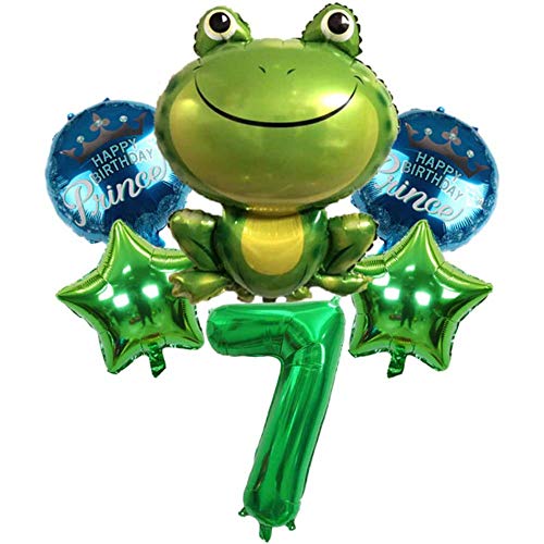 DIWULI großes Frosch-Prinz Luftballon Set, XL Zahl 7 Zahlen-Ballon Grün, Kröte Folien-Ballon, Happy Birthday Prince, 7. Kinder-Geburtstag Junge, Motto-Party, Dekoration, Folien-Luftballon, Krone von DIWULI