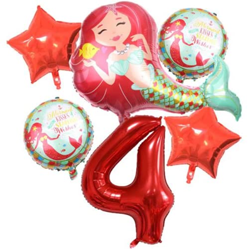 DIWULI, großes Meerjungfrau Luftballon Set, XXL Zahlen-Ballon Zahl 4 rot, Folien-Ballons 4. Kinder-Geburtstag Mädchen, Motto-Party, Dekoration, Ballon-Set Deko süß, Stern, Meer, Fisch, Muschel, Flosse von DIWULI