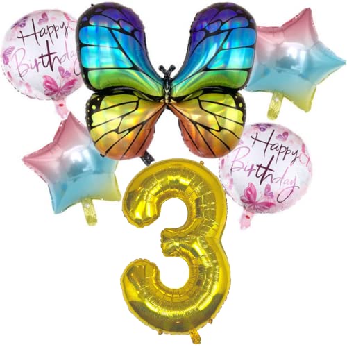 DIWULI großes Schmetterling Luftballon Set, XXL Zahl 3 Zahlen-Ballon Sparkling Gold, XL Butterfly Folien-Ballon, Happy Birthday Rosa 3. Kinder-Geburtstag Mädchen, Motto-Party Dekoration Tier-Ballon von DIWULI