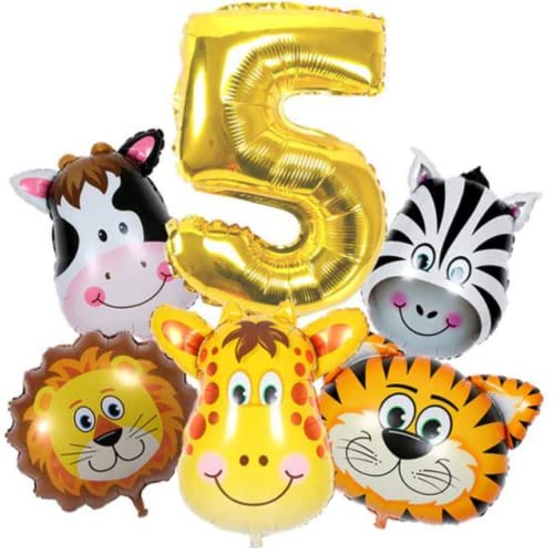 DIWULI, großes Tier Luftballon Set, XL Zahl 5 Zahlen-Ballon gold, Löwe Tiger Giraffe Zebra Kuh Folien-Ballons, 5. Kinder-Geburtstag Junge Mädchen, Motto-Party Dekoration Tier-Ballon, Dschungel, Zoo von DIWULI