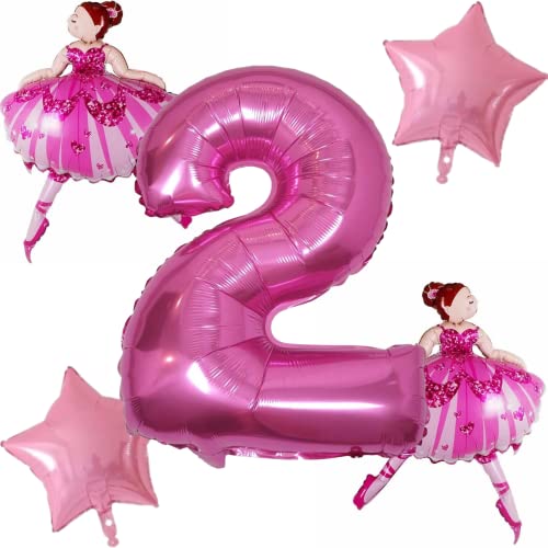 DIWULI Ballerina Geburtstag Deko 2 Jahre Set - Ballerina Deko Ballett Prinzessin Luftballon, Zahlen-Ballon Zahl 2 Luftballon Pink, Folien-Ballon Tänzerin Ballett-Figur 2. Kinder-Geburtstag Mädchen von DIWULI