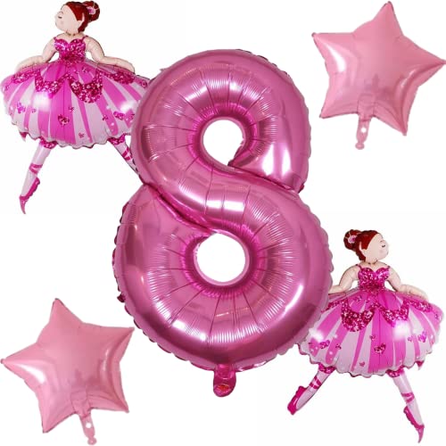 DIWULI Ballerina Geburtstag Deko 8 Jahre Set - Ballerina Deko Ballett Prinzessin Luftballon, Zahlen-Ballon Zahl 8 Luftballon Pink, Folien-Ballon Tänzerin Ballett-Figur 8. Kinder-Geburtstag Mädchen von DIWULI