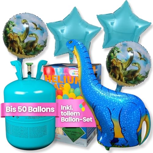 DIWULI Ballon-Gas für 50 Luftballons inkl. tollem Dinosaurier Ballon-Set Dino - Helium-Gas für Geburtstag, Party von DIWULI
