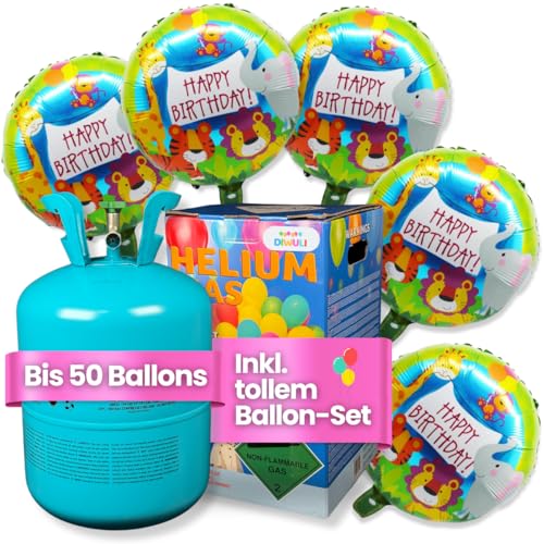 DIWULI Ballon-Gas für 50 Luftballons inkl. tollem Happy Birthday Dschungel Tiere Ballon-Set - Helium-Gas für Geburtstag, Party von DIWULI