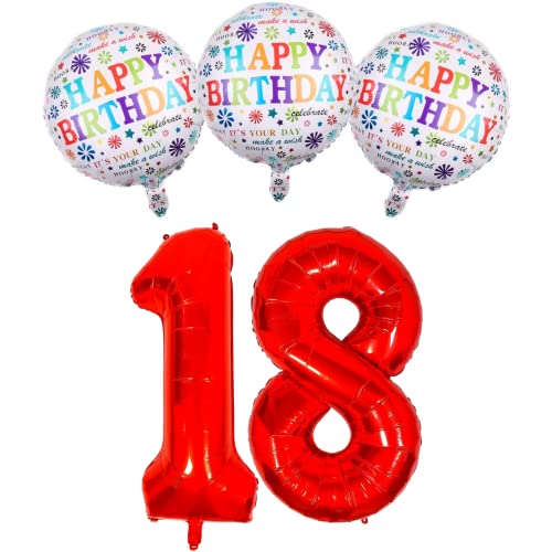 DIWULI Ballon-Set, XXL Zahlen-Ballon rot, Zahl 18, Happy Birthday weiß bunt Folien-Ballons 18. Kinder-Geburtstag Junge Mädchen, Motto-Party Party-Deko Dekoration, Folien-Luftballons Zahlen-Luftballon von DIWULI