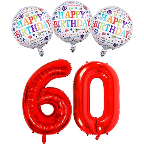 DIWULI Ballon-Set, XXL Zahlen-Ballon Rot, Zahl 60, Happy Birthday Weiß Bunt Folien-Ballons 60. Kinder-Geburtstag Junge Mädchen, Motto-Party Party-Deko Dekoration, Folien-Luftballons Zahlen-Luftballon von DIWULI