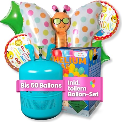 DIWULI Ballongas Helium für 50 Luftballons inkl. tollem Schmetterling Ballon-Set zum Geburtstag - Gasflasche für Party, befüllt in EU von DIWULI