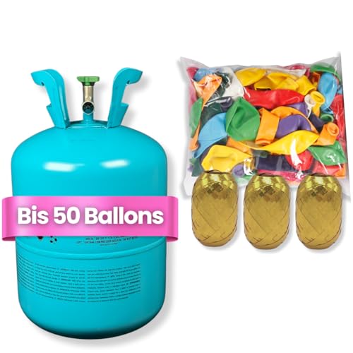 DIWULI Ballongas Helium inkl. 50 tollen Luftballons bunt + Ballon-Band - Gasflasche für Geburtstag, Kindergeburtstag, Party-Set, befüllt in EU von DIWULI