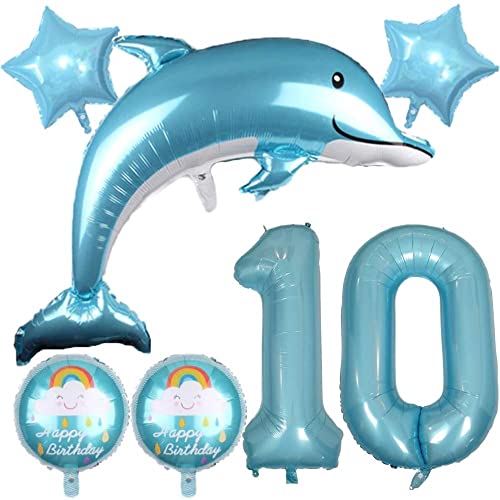 DIWULI Delfin Luftballon Deko 10 Jahre Set - Delfin Deko, Zahlen-Ballon Zahl 10 Luftballon Blau, Happy Birthday Luftballons Tiere, Unterwasserwelt Kinder-Geburtstag Mädchen Junge, Folien-Ballon Tiere von DIWULI