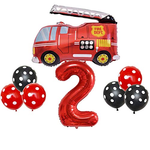 DIWULI Feuerwehr Geburtstag Deko 2 Jahre - Feuerwehr Deko Kindergeburtstag Luftballons, Zahlen-Ballon Zahl 2 rot, Feuerwehr Kindergeburtstag Geburtstagsdeko Feuerwehr Deko Junge Set Party Dekoration von DIWULI