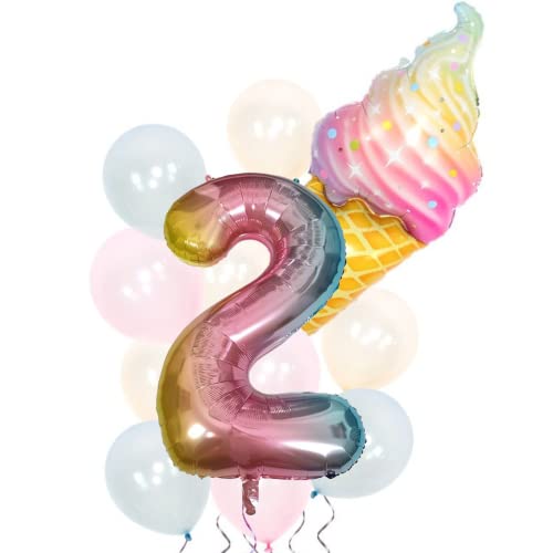 DIWULI Geburtstagsdeko 2 Jahre Luftballons Eis-Tüte - Luftballons 2 Geburtstag Sweets Folienballon 2, Zahl 2 Ballon 2 Jahre Deko Kinder-Geburtstag Junge Mädchen Dekoration Zahlen-Ballon Latex-Ballon von DIWULI