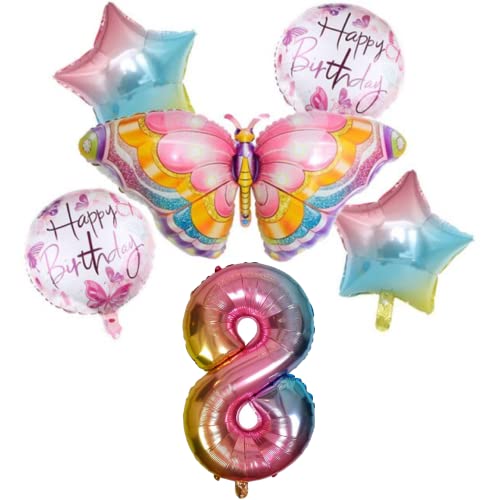 DIWULI Geburtstagsdeko Schmetterling Deko 8 Jahre Set - Luftballon Schmetterling, Zahlen-Ballon Zahl 8 Luftballon Rosa, Folienballon Tiere Deko Happy Birthday Deko Pink Mädchen Dekoration Party-Deko von DIWULI