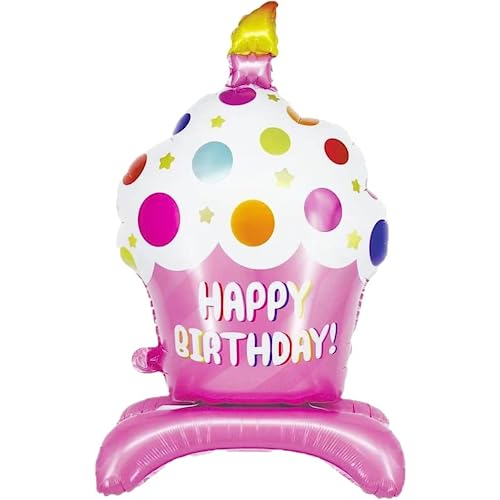 DIWULI XXL Cupcake Happy Birthday Luftballon Rosa stehend groß, Kuchen Kerze Folien-Ballon, Folien-Luftballon Kinder-Geburtstag Mädchen, Geburtstagsballon Motto-Party, Party-Deko, Geburtstagsparty von DIWULI