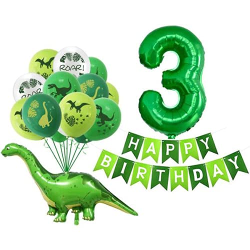 DIWULI großes Dinosaurier Luftballon Set mit Girlande, Dino-Ballon, XL Zahl 3 Zahlen-Ballon grün, Happy Birthday Banner Folien-Ballon 3. Kinder-Geburtstag Junge, Motto-Party, Dekoration, Latex-Ballon von DIWULI